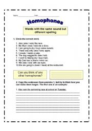 English worksheet: Homophones