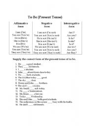 English Worksheet: To be form and exercise