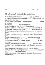 English Worksheet: will wont