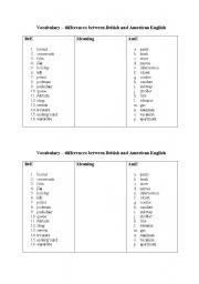 English worksheet: British and American English - vocabulary