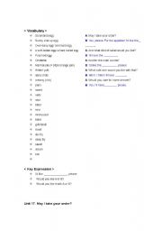 English worksheet: vocabulary and key sentences related to restaurant