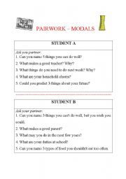 English worksheet: Modal verbs - a pairwork