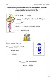 English Worksheet: Personal pronouns / forms of to be