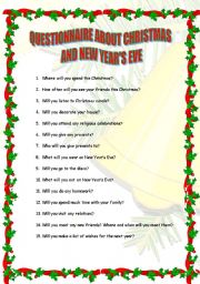 English Worksheet: Questionnaire about Christmas and New Year�s Eve