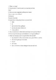 English worksheet: questions on ecology