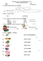 English worksheet: classroom objects, personal information, classroom instructions