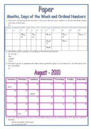 Paper idea- Months, Days of the Week and Ordinal Numbers