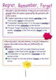 English Worksheet: Regret, Remember, Forget  +Gerund OR Infinitive 