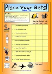 English Worksheet: Place Your Bets - Jobs (Easy)