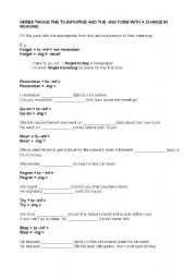 English Worksheet: VERBS TAKING THE TO-INFINITIVE AND THE ING FORM WITH A CHANGE IN MEANING