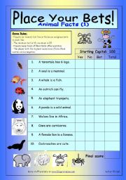 English Worksheet: Place Your Bets - Animal Facts (1)