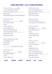 English worksheet: S.O.S. (JONAS BROTHERS)