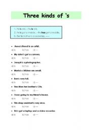 English worksheet: Three kinds of s 