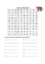 English worksheet: Animal Wordsearch