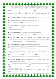 English Worksheet: 12 Days Of Christmas-Make own lyrics