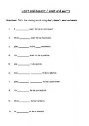 English worksheet: Dont and doesnt / want and wants