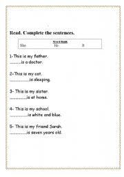 English worksheet: he,she and it