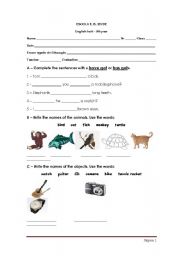 English Worksheet: Test : have got, objects, animals and describing animals for st. with special needs
