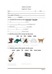 English worksheet: Test : have got, objects, animals and describing animals for st. with special needs