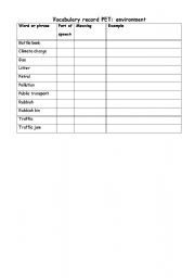 English worksheet: Environment: vocabulary record