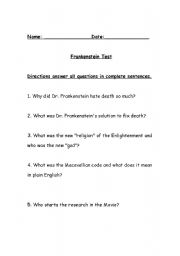 English worksheet: Frankenstein Test