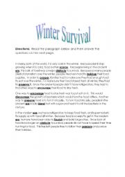 English Worksheet: Winter Survival - Reading, Vocab