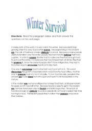 English worksheet: Winter Survival - Reading, Vocab