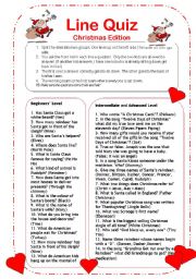 English Worksheet: Line Quiz Christmas Edition (2 pages with questions for three levels)