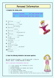 English Worksheet: PERSONAL INFO