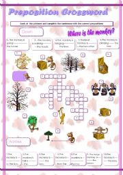 Preposition Crossword: Where is the monkey?( with a key answer)