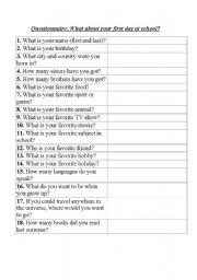 English Worksheet: first day at school questionnaire