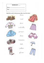 English worksheet: Trace and match vocabulary of clothes with pictures