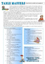 English Worksheet: TABLE MANNERS. (reading comprehension for my 6 graders)