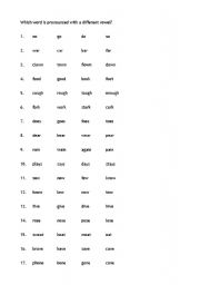 English worksheet: Which word is pronounced with a different vowel