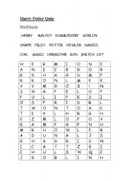 English Worksheet: Harry Potter  Quiz Wordsearch Part 1 