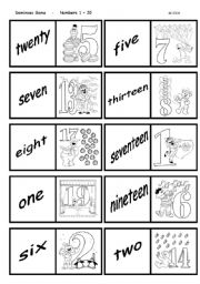 English Worksheet: Dominoes Game    -    Numbers 1-20