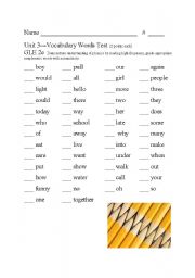 English worksheet: Unit 3 Vocabulary Words Test