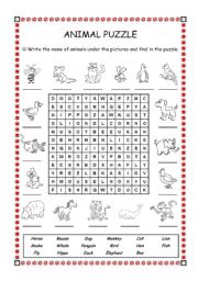English Worksheet: Animal Puzzle