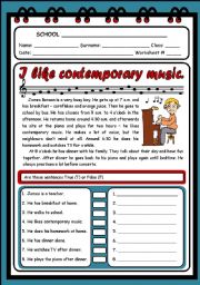 English Worksheet: I LIKE CONTEMPORARY MUSIC (READING & COMPREHENSION) - 2 PAGES