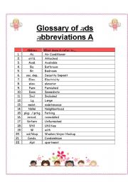 English Worksheet: Glossary of Ads Abbreviations