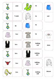English Worksheet: Chothes dominoes - 5 pages - 102 dominoes - 13 pieces of clothing (fully editable)