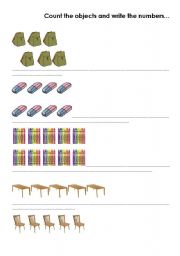 English Worksheet: numbers and school objects