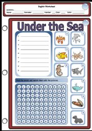 English Worksheet: Under The Sea - Word Search