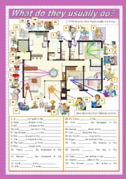 English Worksheet: Present Simple & the rooms of a house - 2 pages (fully editable)