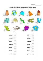 English Worksheet: match the picture to the word, clothing