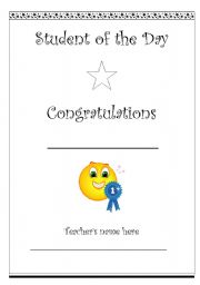 English Worksheet: Student of the day award