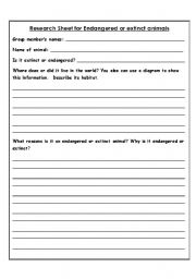 English worksheets: Research Sheet for Endangered or Extinct Animals