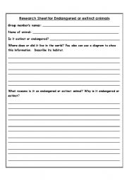 English worksheet: Research Sheet for Endangered or Extinct Animals