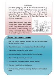 English Worksheet: The Picnic (comprehension WITH QUESTIONS)