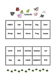 English Worksheet: animals bingo activity